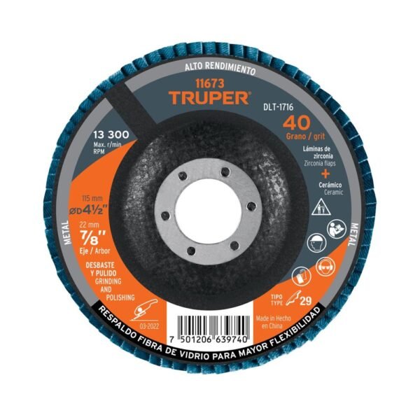 Disco laminado 4-1/2', grano 40 centro 7/8', fibra, TRUPER