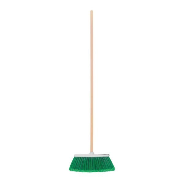 Escoba grande tipo cepillo, cerdas de PVC, bastón de madera
